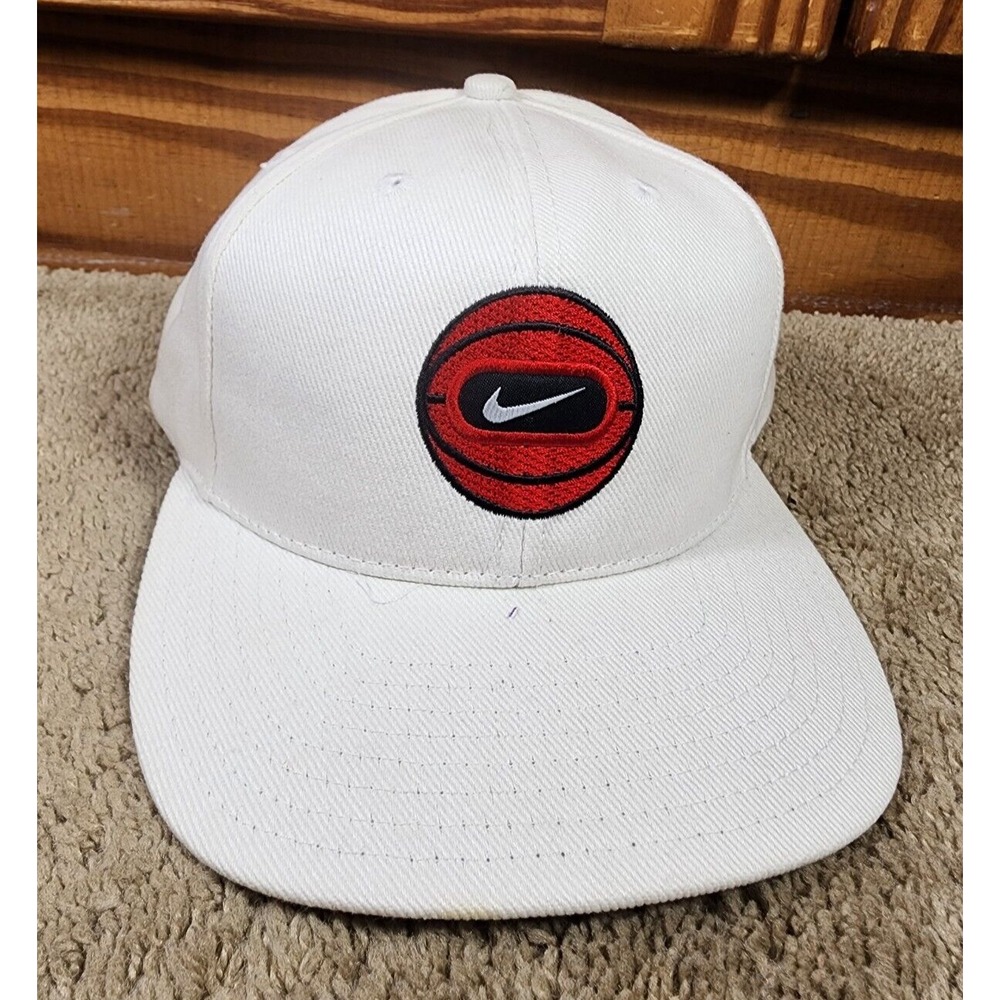 Vintage Nike Snapback Hat Center Swoosh Basketball Logo White 6 Panel 90s - Picture 2 of 8